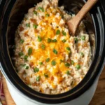 Crockpot chicken casserole with creamy rice, shredded chicken, melted cheddar, peas, and scallions in a slow cooker.
