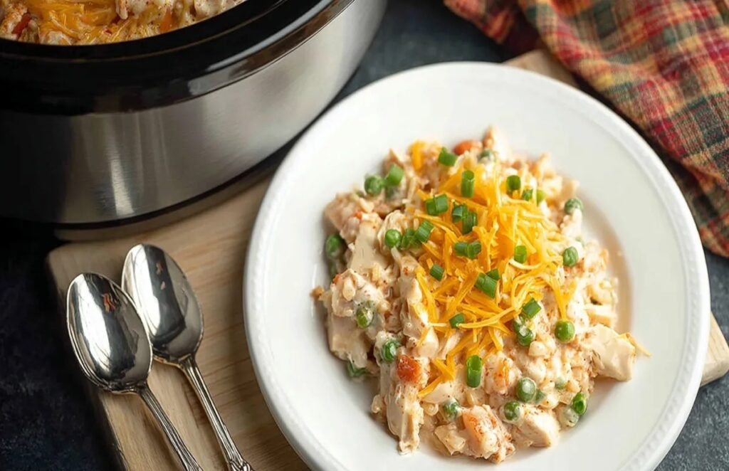 Crockpot Chicken Casserole served on a white plate with creamy chicken and rice, peas, shredded cheddar, and scallions, slow cooker in background.