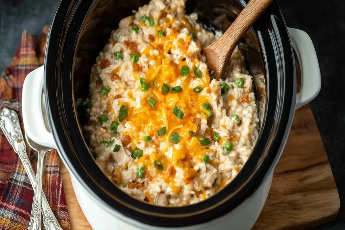 Crockpot chicken casserole with creamy rice, shredded chicken, melted cheddar, peas, and scallions in a slow cooker.