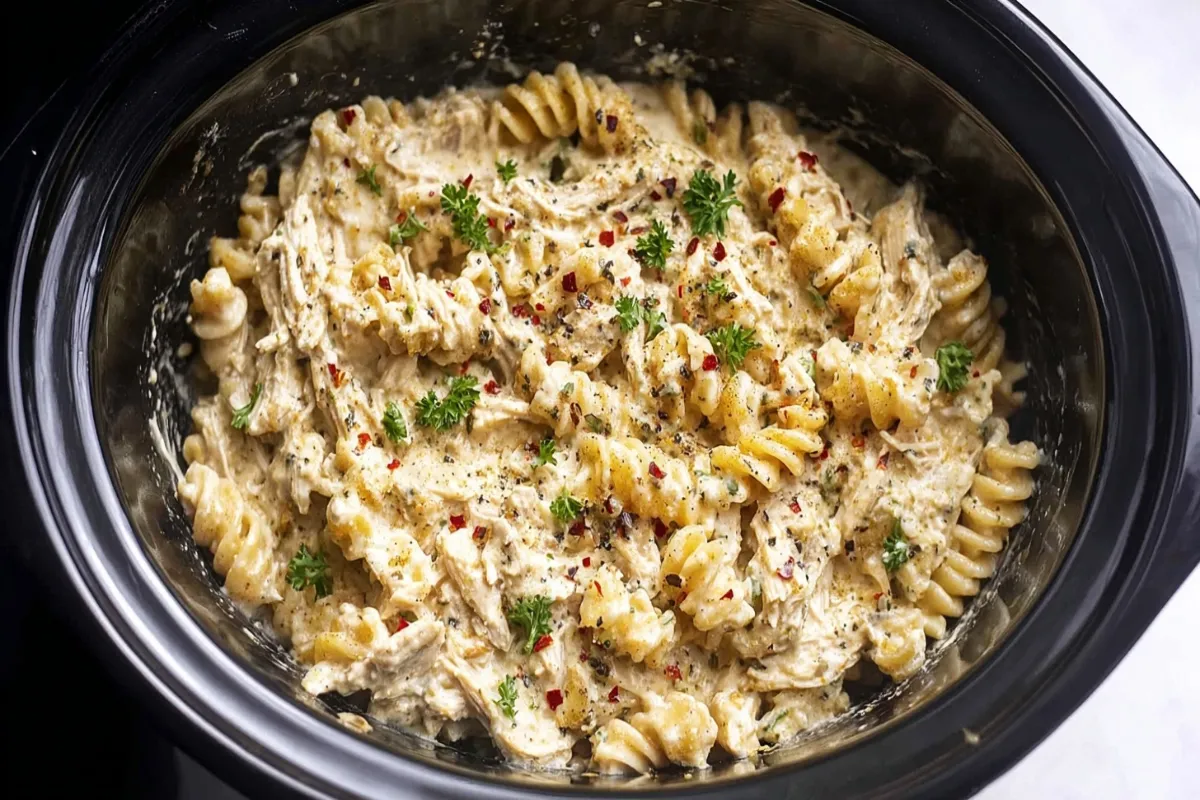 Close-up, top-down view of creamy Crockpot Chicken Pasta with fusilli, shredded chicken, and a rich sauce, garnished with fresh parsley and red pepper flakes in a black slow cooker.