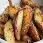 Crockpot Parmesan potato wedges with golden crispy edges, garlic, herbs, and grated cheese in a white bowl.