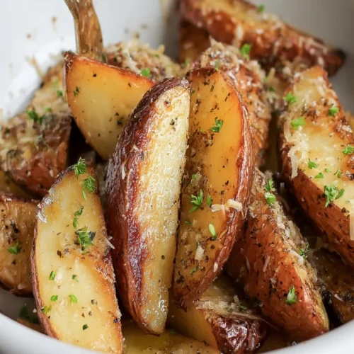 Crockpot Parmesan potato wedges with golden crispy edges, garlic, herbs, and grated cheese in a white bowl.