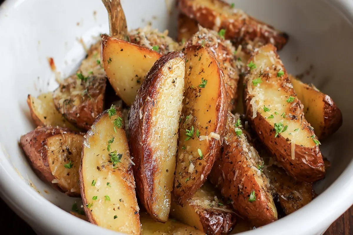 Crockpot Parmesan potato wedges with golden crispy edges, garlic, herbs, and grated cheese in a white bowl.