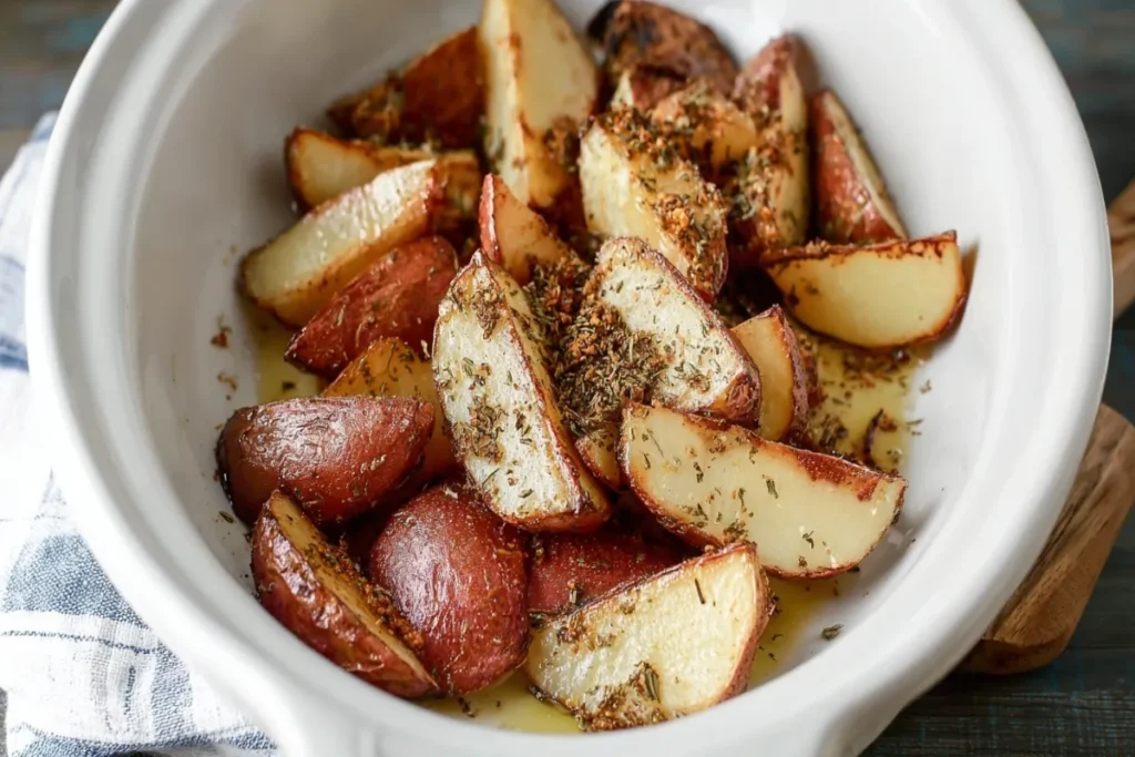 Crockpot Parmesan potato wedges with red skins, tossed in garlic butter and Italian herbs, served hot in a white slow-cooker crock.