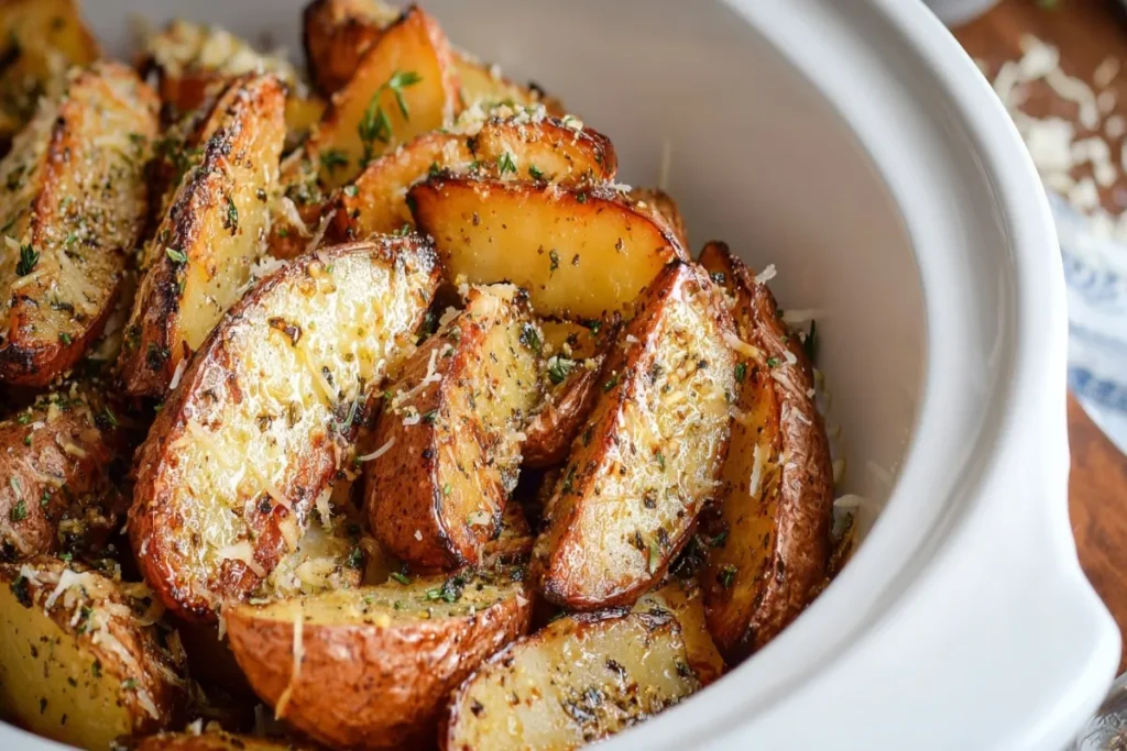 Crockpot Parmesan potato wedges coated in garlic butter and herbs, piled in a white slow-cooker crock.