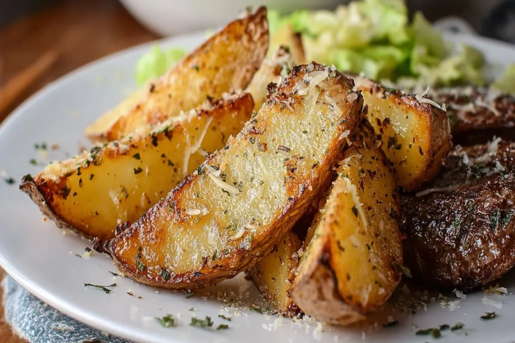 Crispy Crockpot Parmesan Potato Wedges stacked on a plate with shredded Parmesan and herbs, served beside steak and a green salad.