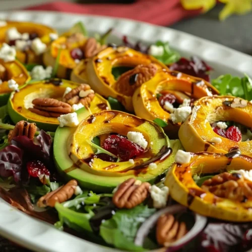 A vibrant Delicata Squash Salad featuring roasted delicata squash, mixed greens, dried cranberries, pecans, feta, and avocado on a white plate.