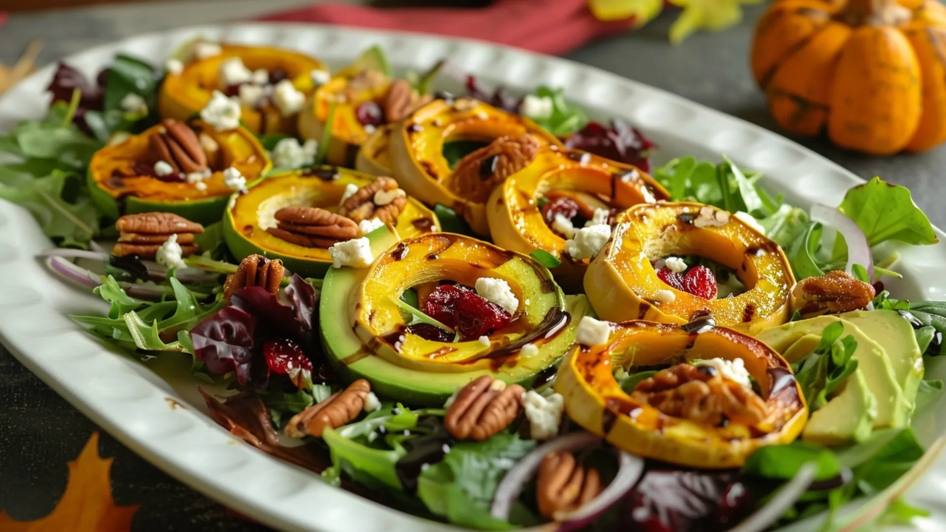 A vibrant Delicata Squash Salad featuring roasted delicata squash, mixed greens, dried cranberries, pecans, feta, and avocado on a white plate.