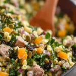 Harvest Pasta Salad with pasta, kale, turkey, cranberries, mandarin oranges, red onion, and pumpkin seeds.