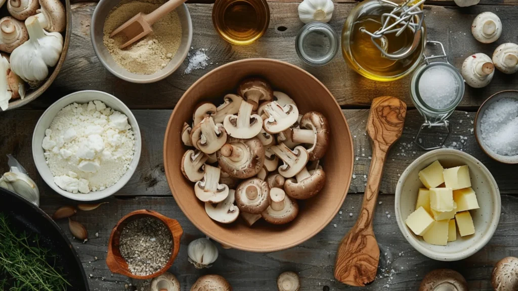 Overhead view of sliced mushrooms, shallot, garlic, butter, olive oil, Marsala wine, crème fraîche, Parmesan, and fresh tarragon laid out with a skillet.