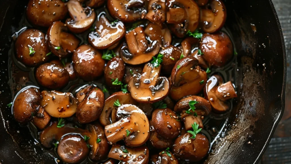 Browned mushrooms in a skillet after Marsala wine has reduced to a glossy sauce.