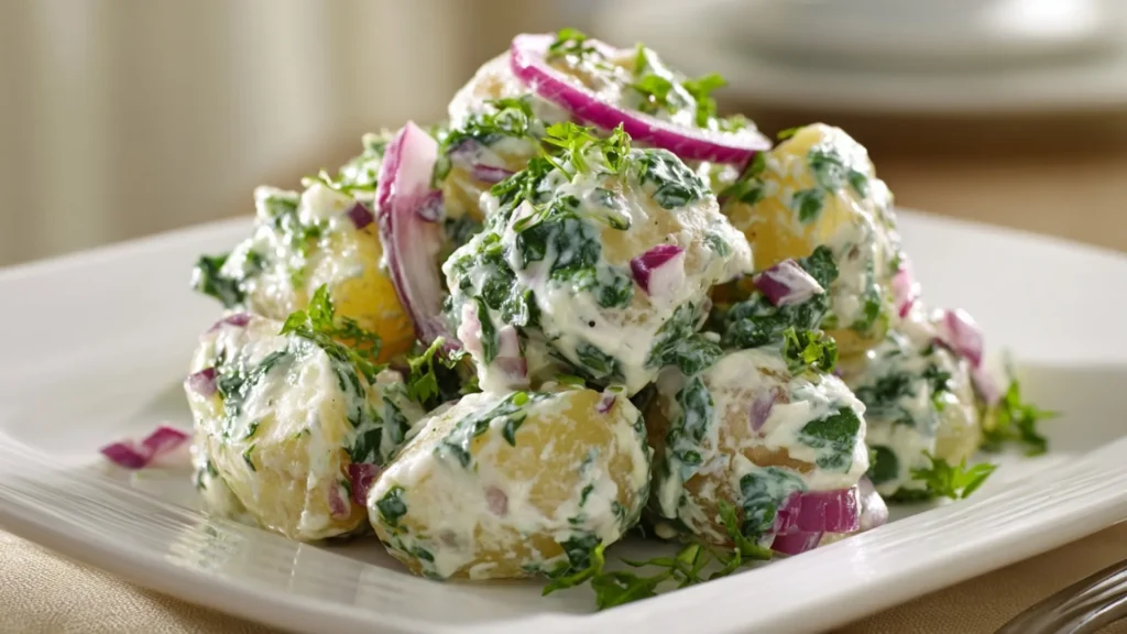 Appetizing close-up of creamy Potato Kale Salad garnished with fresh dill on a white plate.