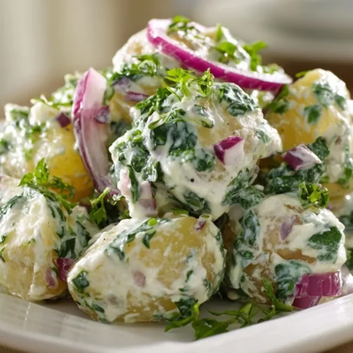 Appetizing close-up of creamy Potato Kale Salad garnished with fresh dill on a white plate.