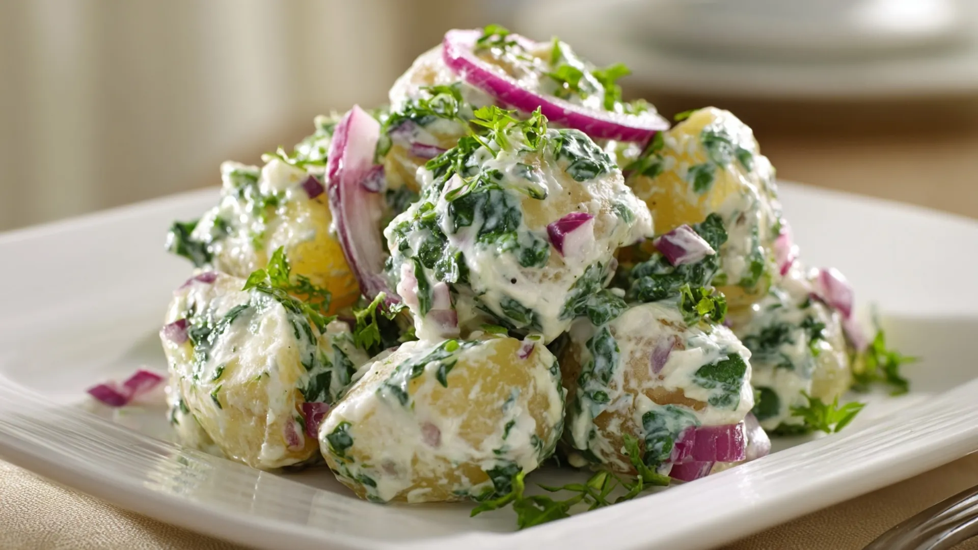 Appetizing close-up of creamy Potato Kale Salad garnished with fresh dill on a white plate.