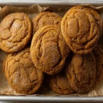 A generous pile of freshly baked, sugar-dusted Pumpkin Maple Cookies with crinkled tops in a metal baking tray lined with parchment paper.
