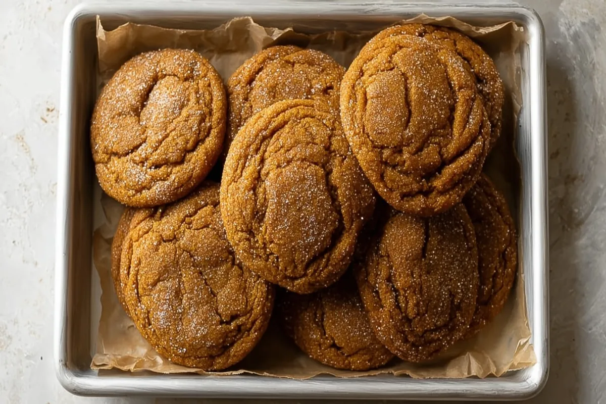 A generous pile of freshly baked, sugar-dusted Pumpkin Maple Cookies with crinkled tops in a metal baking tray lined with parchment paper.