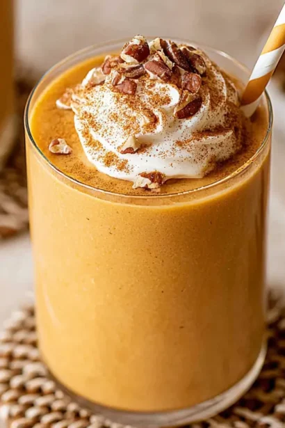 A creamy pumpkin pie smoothie in a clear glass, topped with pecans and spices, set on a light surface with cinnamon sticks.