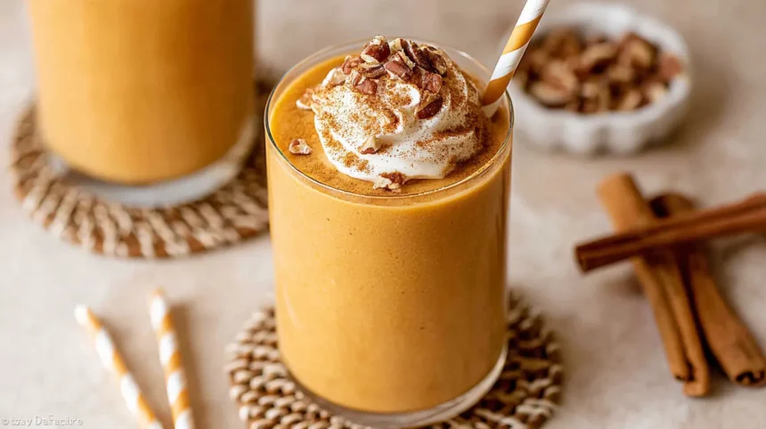 A creamy pumpkin pie smoothie in a clear glass, topped with pecans and spices, set on a light surface with cinnamon sticks.