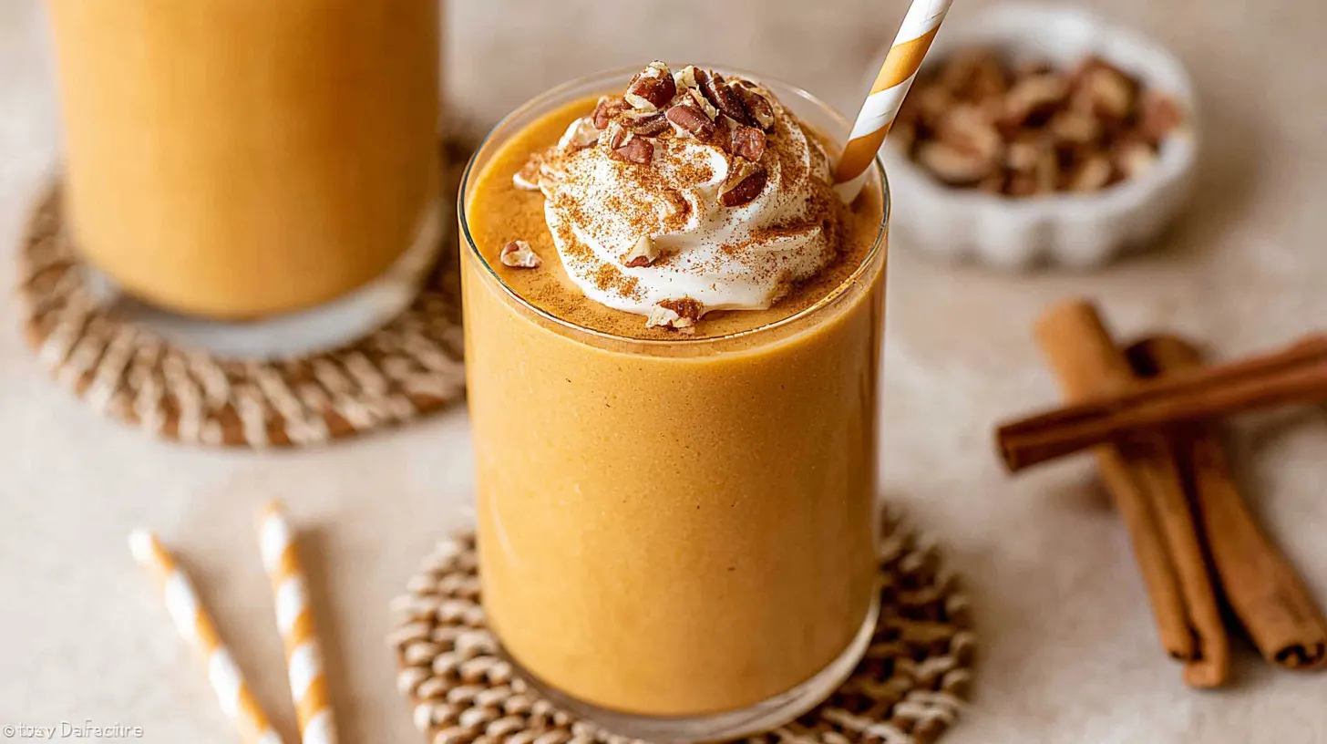 A creamy pumpkin pie smoothie in a clear glass, topped with pecans and spices, set on a light surface with cinnamon sticks.