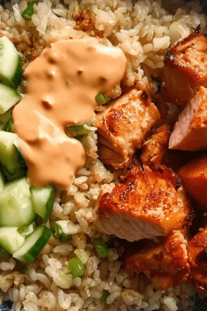 Close-up of a vibrant poke bowl featuring perfectly cooked, cubed Air Fryer Salmon, fresh cucumber, brown rice, and a creamy orange sauce in a blue and white patterned bowl.