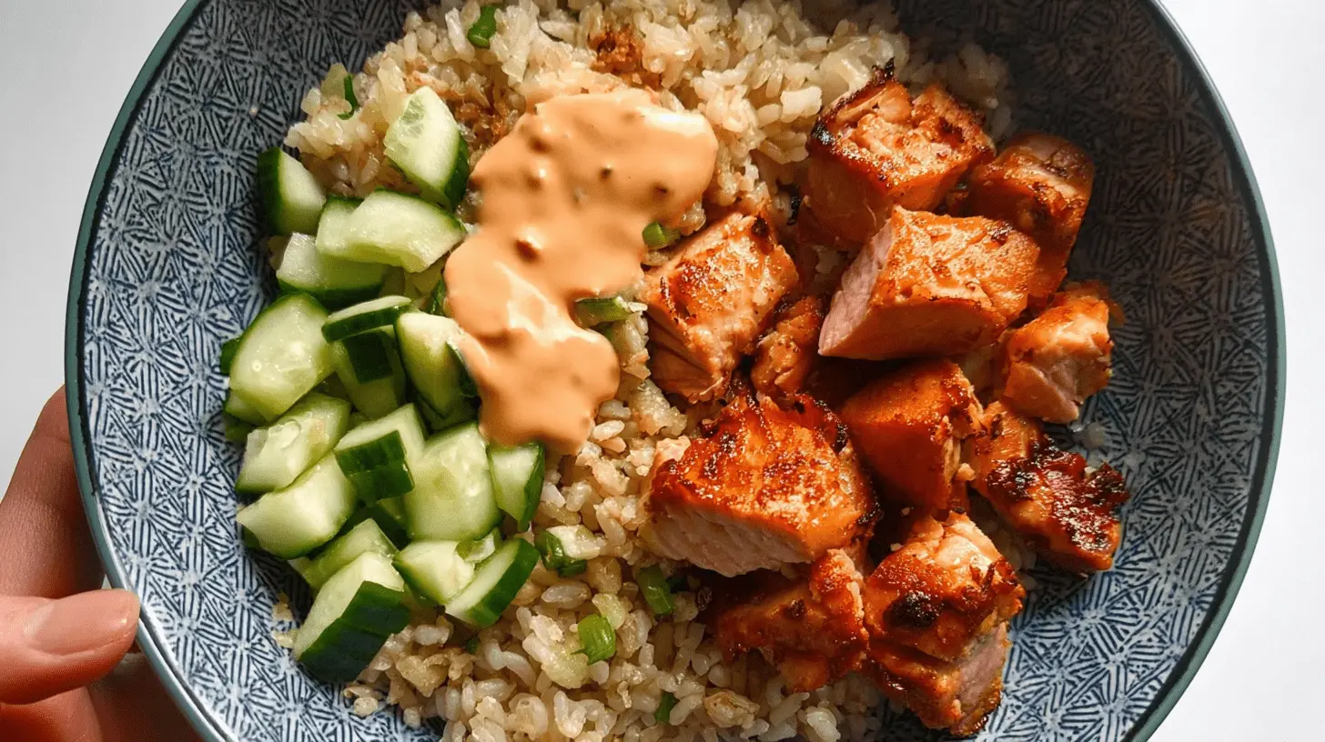 Close-up of a vibrant poke bowl featuring perfectly cooked, cubed Air Fryer Salmon, fresh cucumber, brown rice, and a creamy orange sauce in a blue and white patterned bowl.