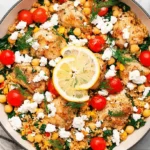 A rustic pan showcasing vibrant Greek Chicken with Lemon Rice and Tomatoes, garnished with feta, dill, and fresh lemon slices.