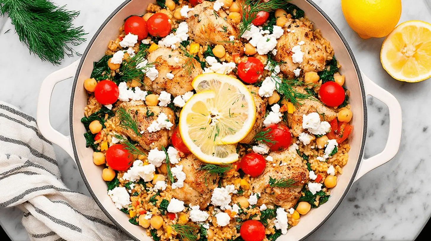 A rustic pan showcasing vibrant Greek Chicken with Lemon Rice and Tomatoes, garnished with feta, dill, and fresh lemon slices.