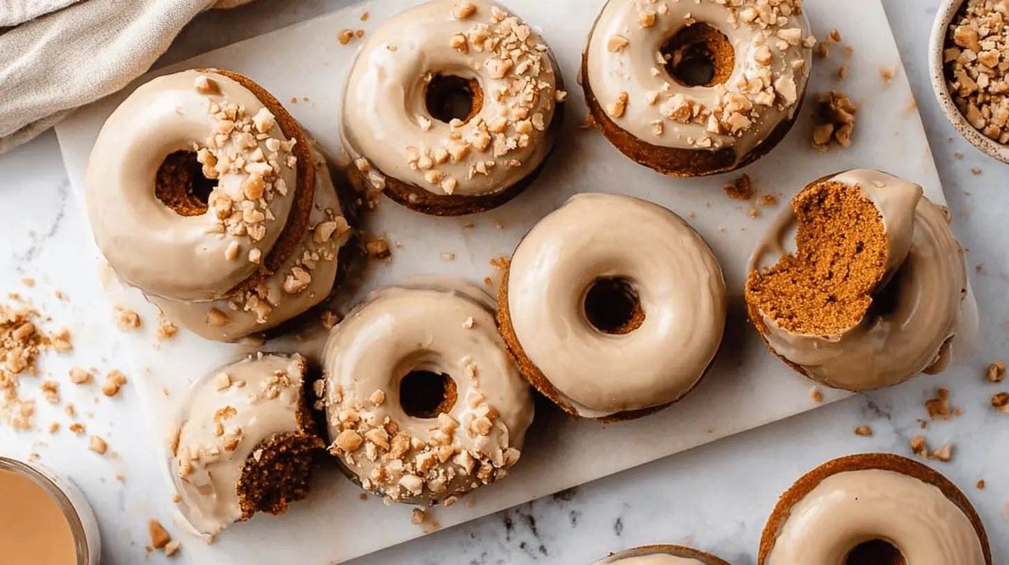 Overhead view of glazed and nut-topped Baked Pumpkin Donuts arranged on white marble.