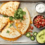 Delicious golden-brown Baked Quesadillas cut into wedges, served with sour cream, salsa, avocado, and jalapeños on a metal baking sheet.