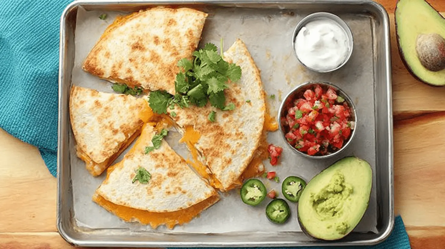 Delicious golden-brown Baked Quesadillas cut into wedges, served with sour cream, salsa, avocado, and jalapeños on a metal baking sheet.