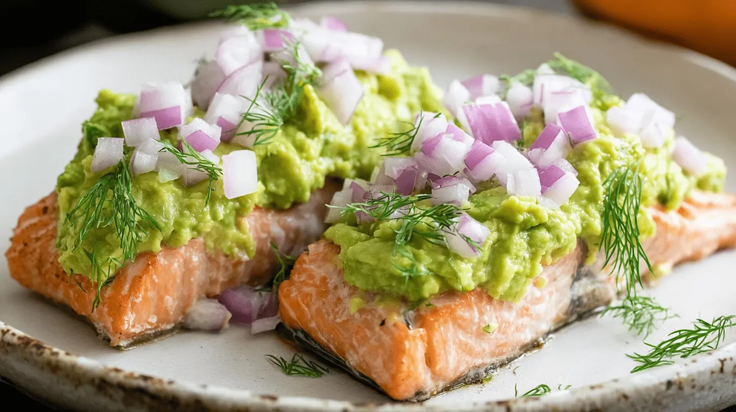 Baked Salmon with Avocado Mash Close-up of two appetizing baked salmon fillets generously topped with vibrant green avocado mash, diced red onion, and fresh dill on a rustic plate.