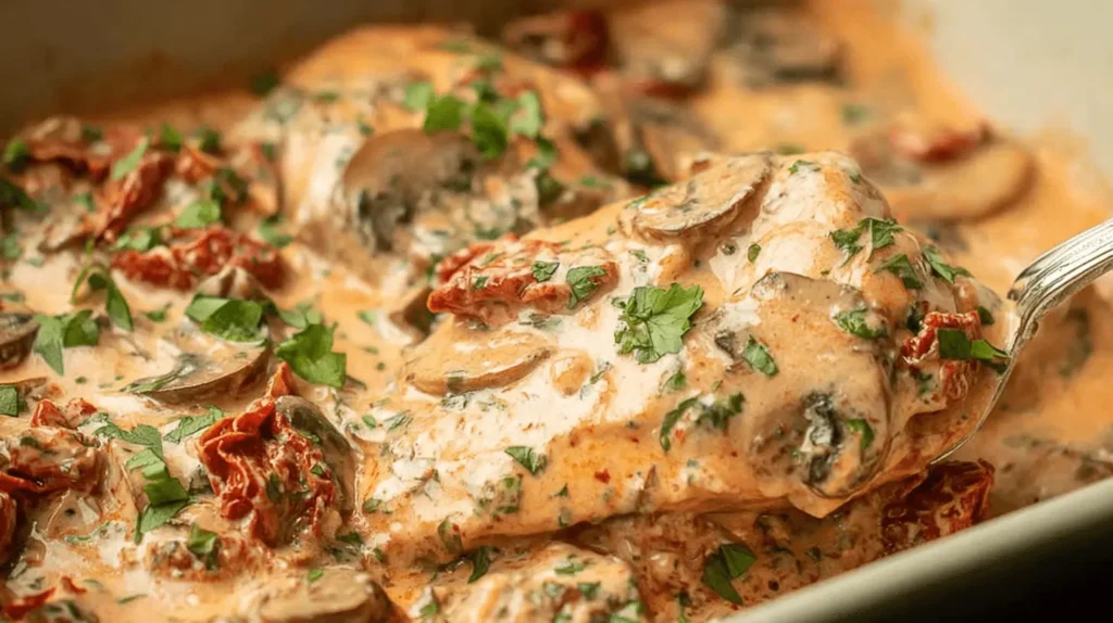 A serving spoon lifting a succulent piece of creamy Baked Tuscan Chicken with sun-dried tomatoes, mushrooms, and fresh herbs.