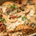 A serving spoon lifting a succulent piece of creamy Baked Tuscan Chicken with sun-dried tomatoes, mushrooms, and fresh herbs.