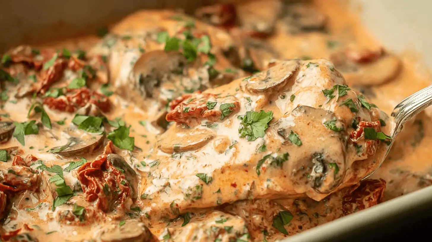 A serving spoon lifting a succulent piece of creamy Baked Tuscan Chicken with sun-dried tomatoes, mushrooms, and fresh herbs.