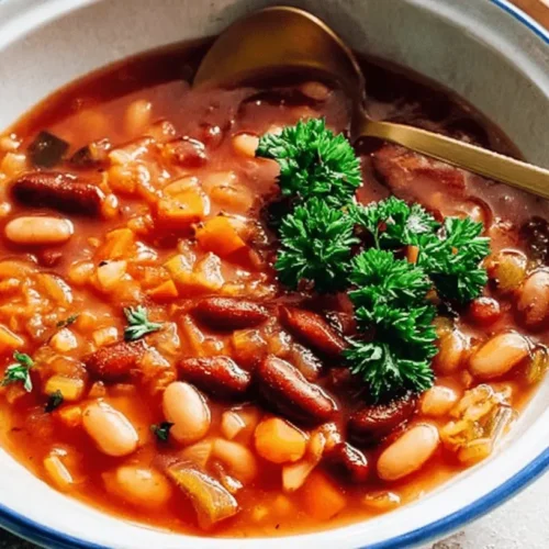 Close-up of hearty bean soup with mixed beans, vegetables, and fresh parsley in a rustic bowl.