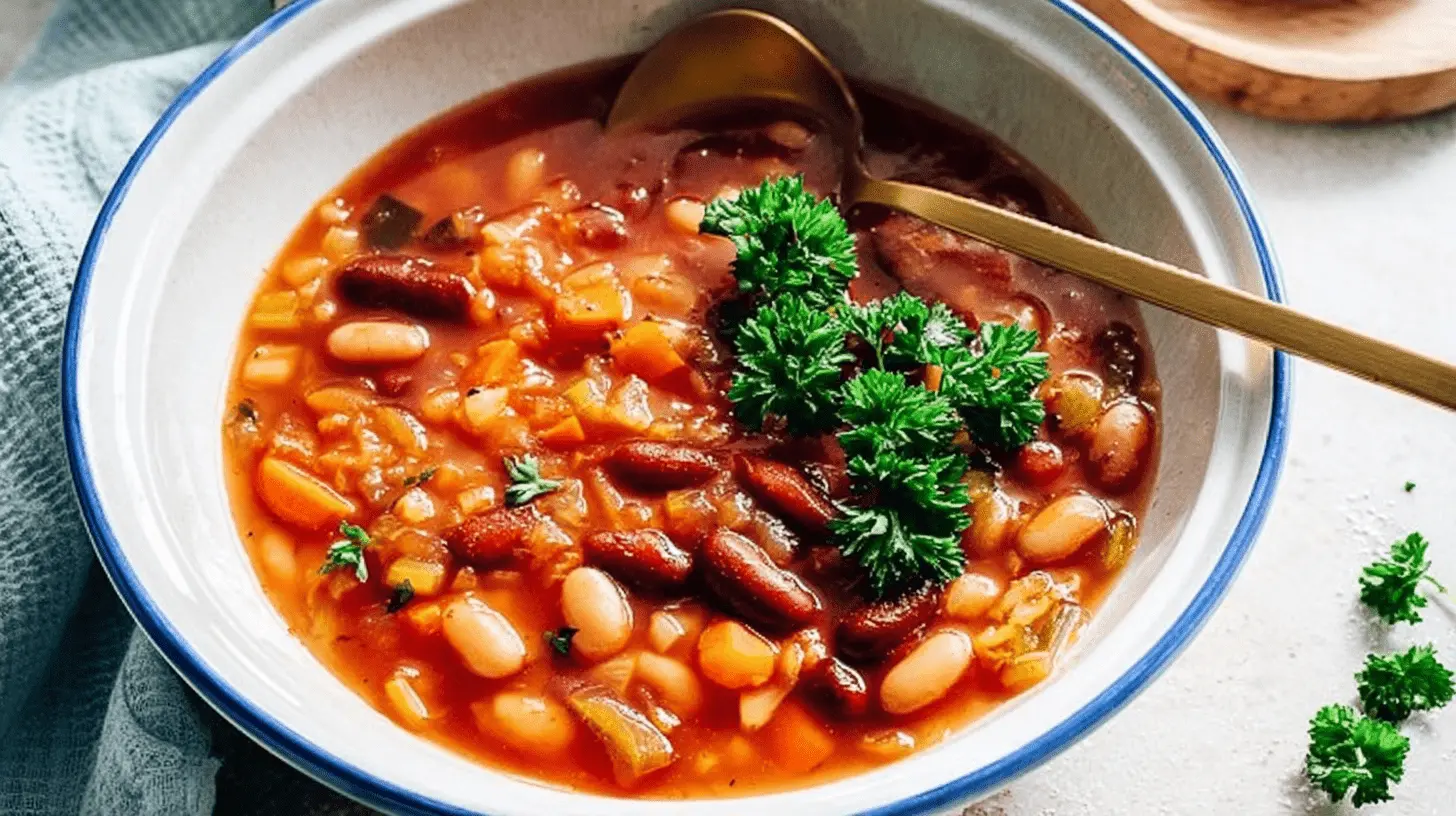 Close-up of hearty bean soup with mixed beans, vegetables, and fresh parsley in a rustic bowl.