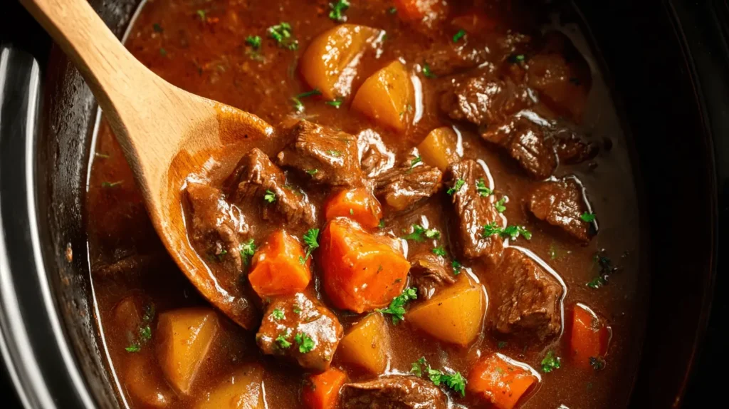 Hearty Crockpot Beef Stew simmering in a dark slow cooker, ideal for delicious beef stew crock pot recipes.