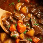 Hearty Crockpot Beef Stew simmering in a dark slow cooker, ideal for delicious beef stew crock pot recipes.