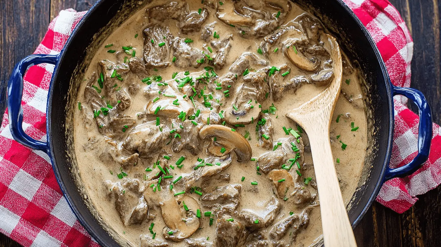 Top-down view of a hearty beef stroganoff in a rustic blue-handled pot, garnished with fresh chives.