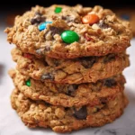 Stack of delicious Big Giant Monster Cookies, oatmeal chocolate chip with vibrant M&Ms, on a marble surface.