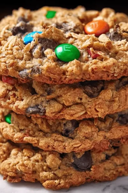 Stack of delicious Big Giant Monster Cookies, oatmeal chocolate chip with vibrant M&Ms, on a marble surface.