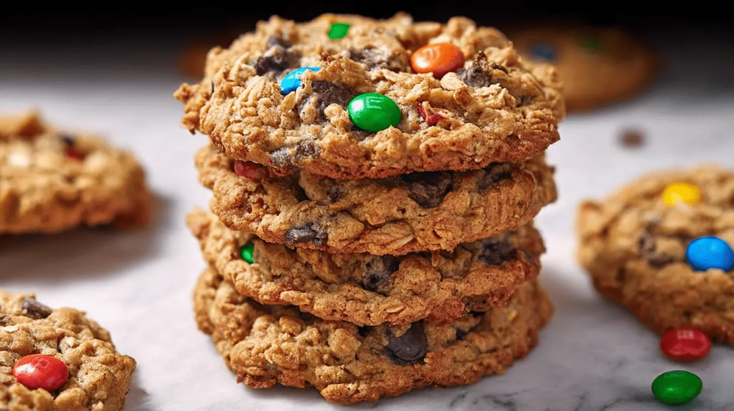 Stack of delicious Big Giant Monster Cookies, oatmeal chocolate chip with vibrant M&Ms, on a marble surface.