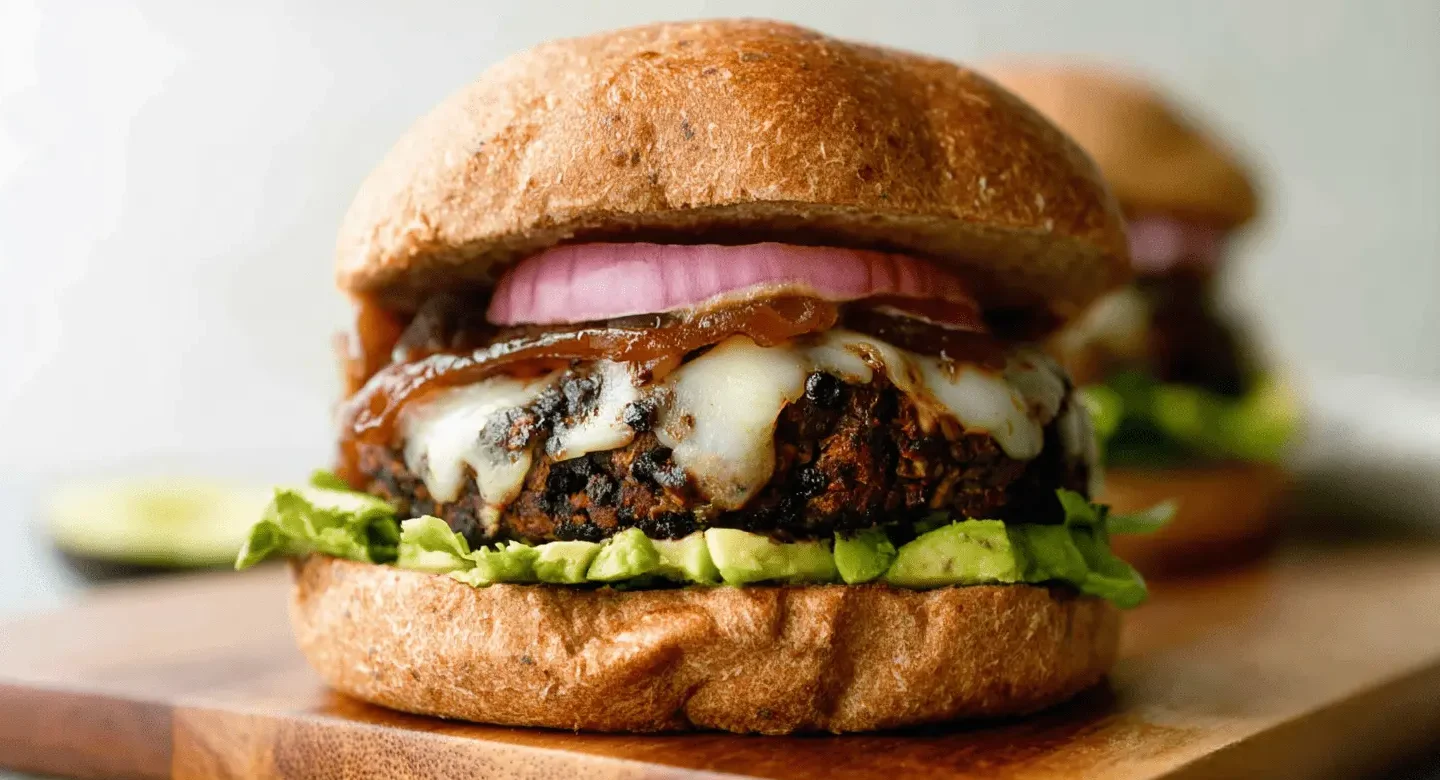 Appetizing close-up of a gourmet Black Bean Burger with avocado, melted cheese, and caramelized onions on a wooden board.