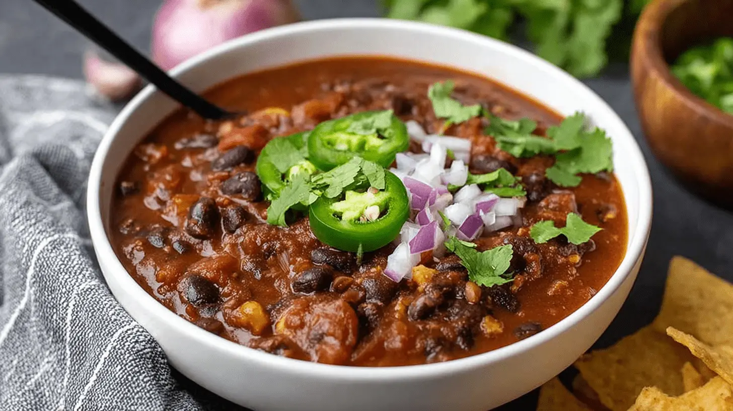 Close-up of a delicious bowl of Black Bean Chili garnished with jalapeños, red onion, and cilantro, ready to be enjoyed.