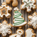 Festive brown sugar cut-out cookies, decorated with white icing and colorful sprinkles, arranged on a black cooling rack.