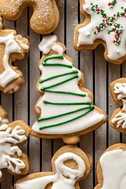 Festive brown sugar cut-out cookies, decorated with white icing and colorful sprinkles, arranged on a black cooling rack.