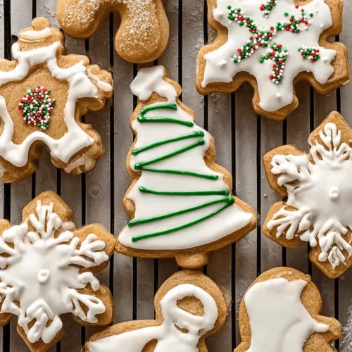 Festive brown sugar cut-out cookies, decorated with white icing and colorful sprinkles, arranged on a black cooling rack.