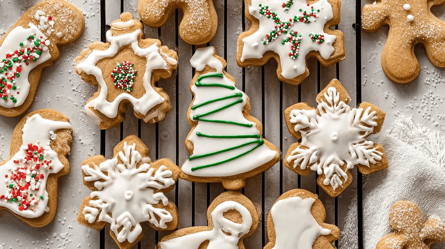 Festive brown sugar cut-out cookies, decorated with white icing and colorful sprinkles, arranged on a black cooling rack.