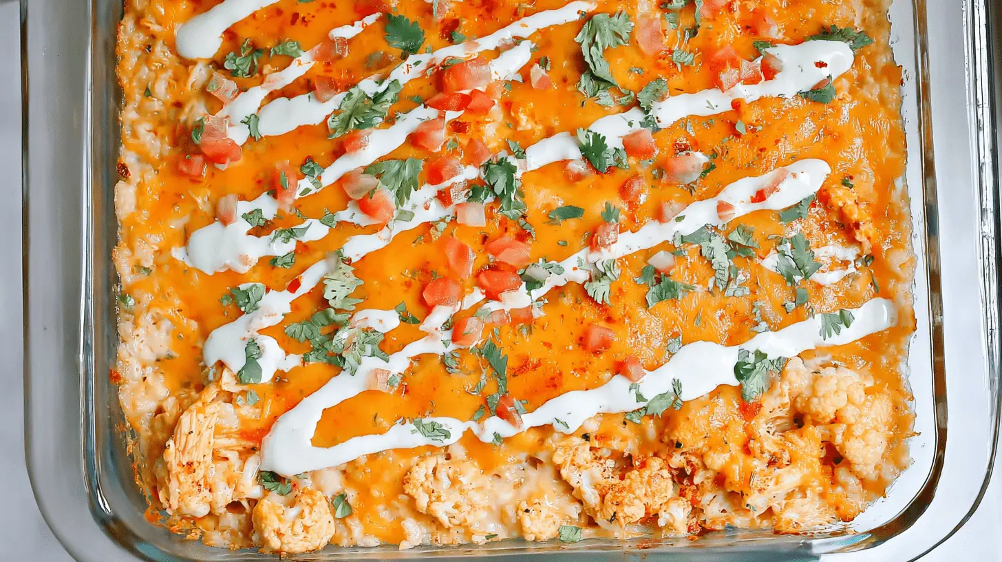 Vibrant and appetizing Buffalo Chicken Cauliflower Casserole, freshly baked with melted cheese, white drizzle, and green herbs in a glass dish.