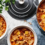 Hearty homemade cabbage soup with potatoes, beans, and carrots served in a cast iron pot and bowls.